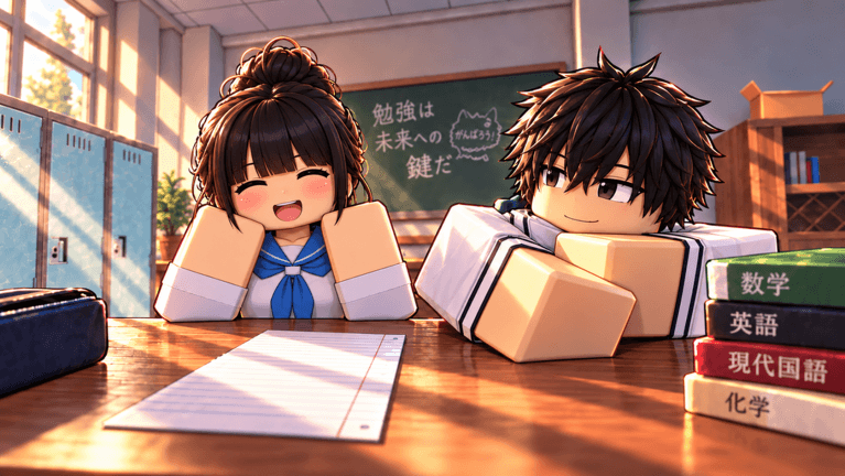 Students in the official Anime High School RP classroom artwork