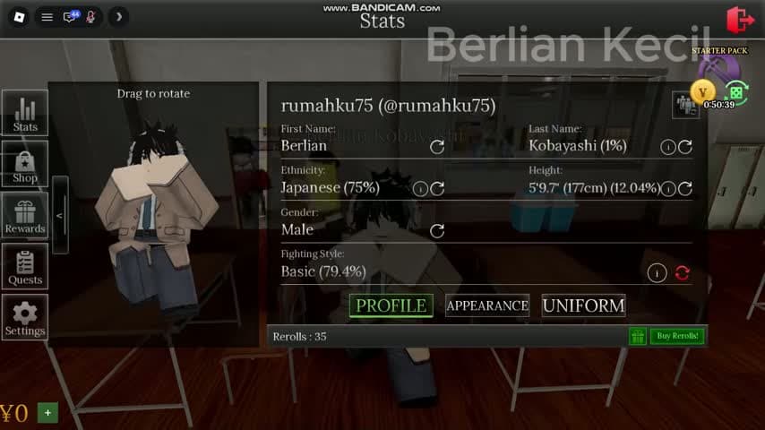 Stats Profile tab with height, names, fighting style and reroll balance
