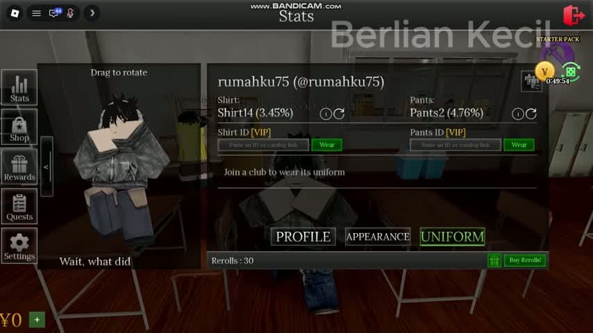Uniform tab with VIP clothing ID fields and club membership message