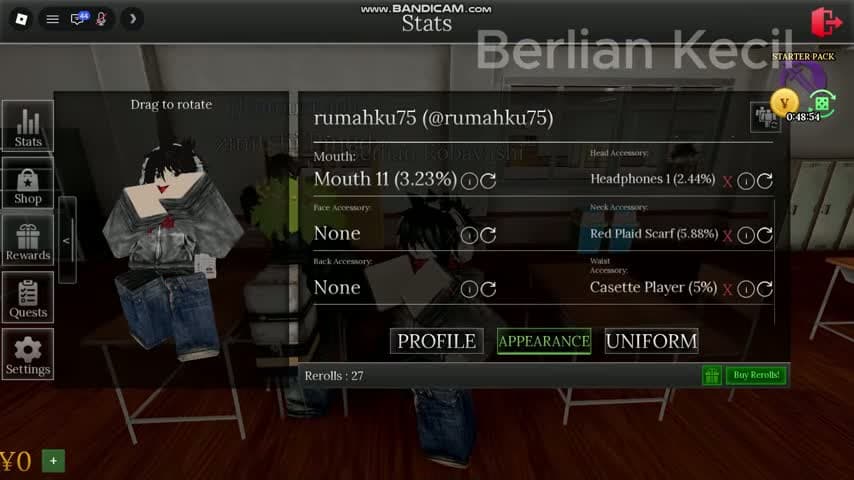 Appearance tab showing individual accessory slots and rolled items